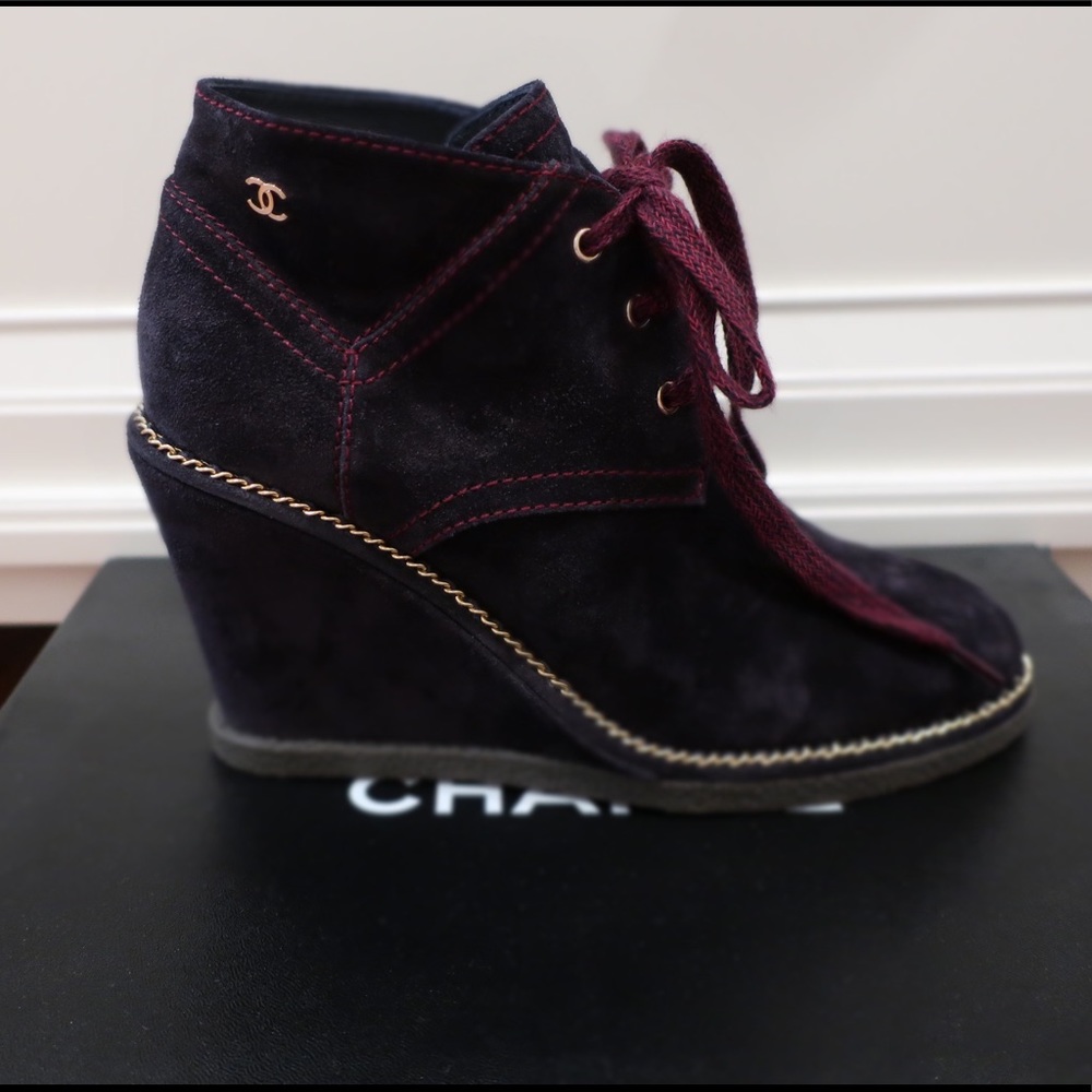 CHANEL Wedge Ankle GoldChain Suede Boots